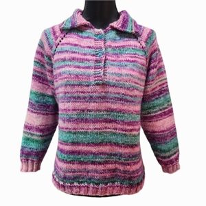 Handmade Knit Variegated Pink Green Pullover Sweater